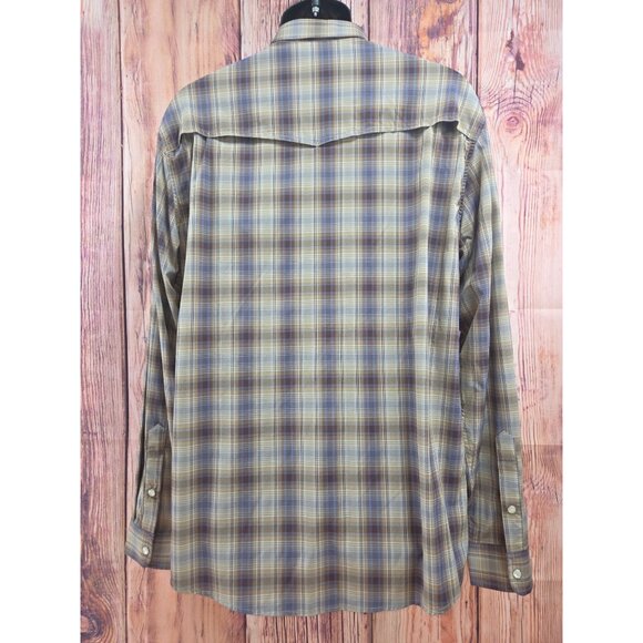 Poncho Mens Western Plaid Pearl Snap Shirt XL Slim Fit Brown/Blue Long Sleeve - Picture 2 of 7
